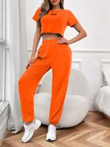 SHEIN LUNE Bộ hai món áo thun nữ ngắn tay và quần dài in chữ cho mùa hè - trái cam - Xem 5