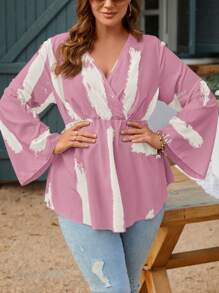 SHEIN Clasi Plus Size Women Brush Printed Loose Fit Shirt With Bell Sleeves For Spring And Summer