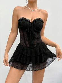 SHEIN ICON Vestido retorcido con copas de busto, parche de encaje acuchillado, capas y espalda descubierta cruzada con correa