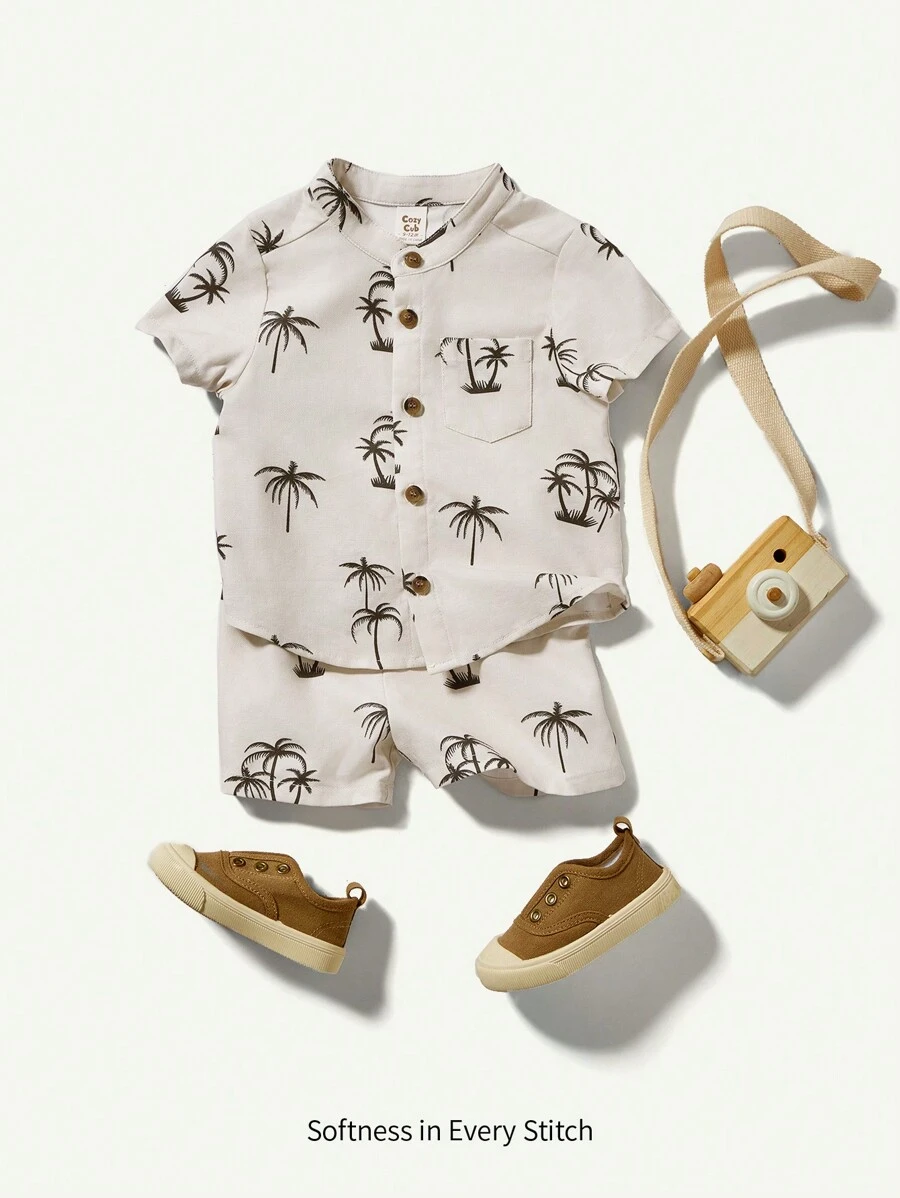 Cozy Pixies 寶寶男孩椰樹印花短袖連鈕扣翻領襯衫配休閒短褲套裝