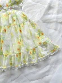 Soleia Romantic Countryside Style Floral Print Splice Lace Hollow Out Waist Halter Neck Tie Sundress, Summer - Multicolor - View 6