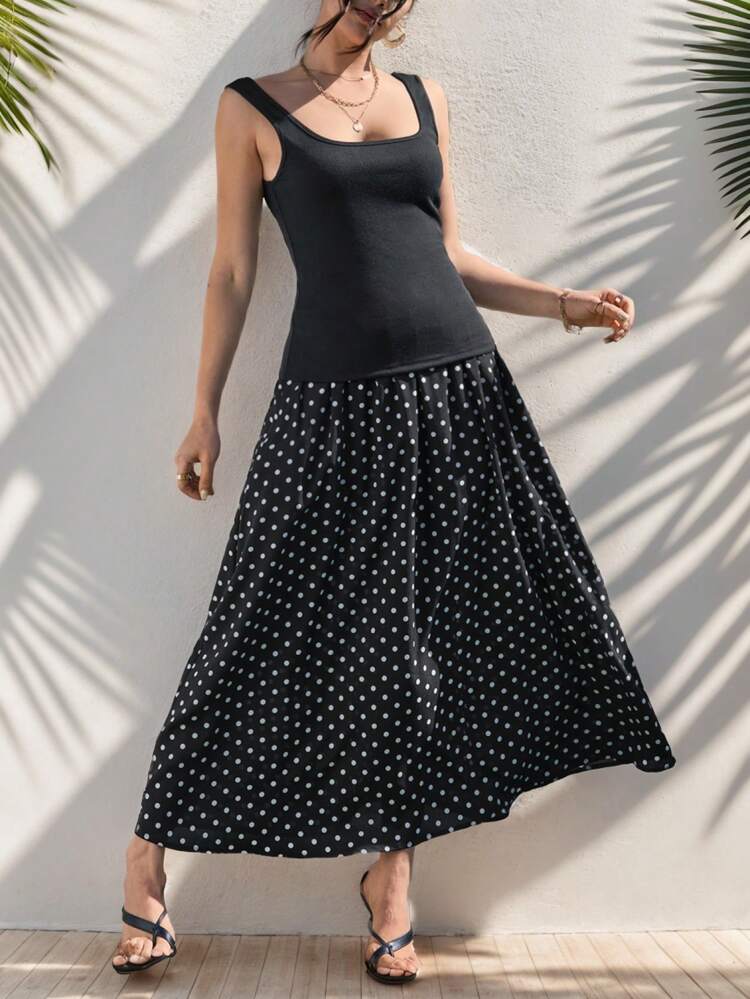 Women's Casual Vest Black Top And Black Skirt Polka Dot Print A-Line Sundress Set Summer Two Pieces Outfits Set