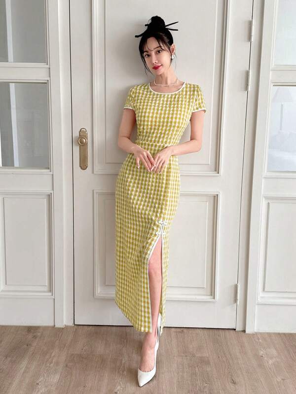 EastFlair New Chinese Style Contrast Color Border Plaid Split Dress