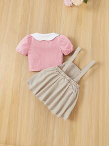 SHEIN Set Bayi Perempuan Kontras Kerah Sulaman Tombol Depan Hewan Blok Warna Buah&Sayuran - Berwarna merah muda - View 2