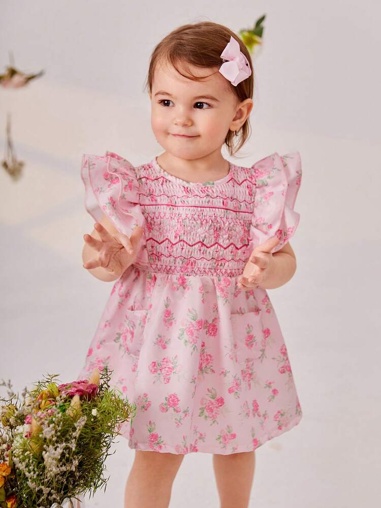 Baby Girl Gorgeous And Elegant Holiday Cute Floral Printed Cap Sleeve Dress, Perfect For Spring And Summer Outings