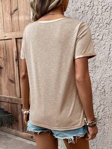 EMERY ROSE Solid Color Round Neck Short Sleeve T-Shirt For Summer Vacation - Apricot - View 2