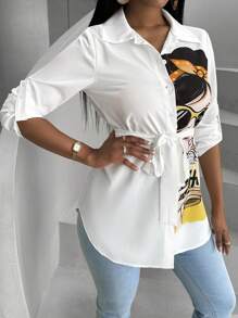 SHEIN Unity Áo sơ mi dài tay in hình chân dung thời trang mùa xuân - trắng - Xem 3