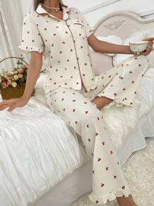 Zweifarbige Paspelierung Revers Kirschblüten Muster Damen Kurzarm Top Lange Hose Pyjama Set