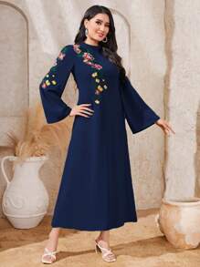 Al Najma Floral Embroidered Bell Sleeve Long Dress For Spring/Summer - Navy Blue - View 3