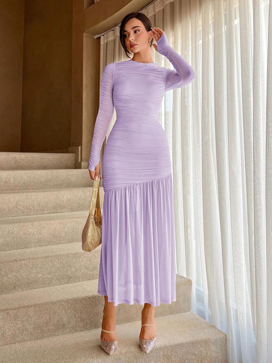 Aloruh Solid Color Ruched Fish Tail Hem Women Dress,Lavender Dress - Mauve Purple - View 1