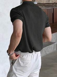 Men's Fashionable Casual Textured Solid Color Short Sleeve Knit Top - Dark Grey - View 2
