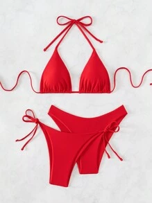 Swim Basics 2pcs/Set 2025 Women's Solid Color Halter Tie Sexy Bikini Swimwear Summer - Red - View 5