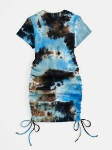 SHEIN EZwear 大尺碼夏季扎染修身連身裙，隨機多色，束帶和側開叉設計 - 藍色 - 查看 2