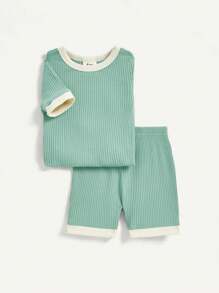 Cozy Pixies Baby Boy Snug Fit Color Block Round Neck Short Sleeve Top And Casual Shorts Homewear Set Of 4 Pieces Matching Set - Green - View 10