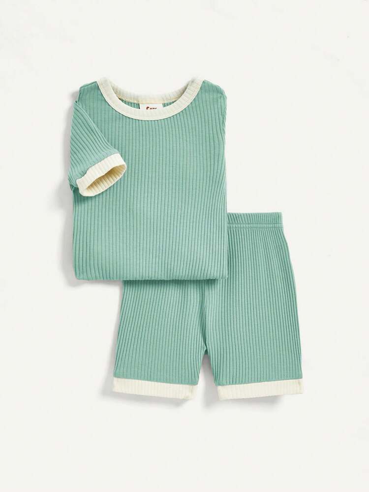 Baby Boy Snug Fit Color Block Round Neck Short Sleeve Top And Casual Shorts Homewear Set Of 4 Pieces Matching Set