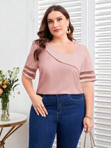 SHEIN Clasi 夏季大码女式不对称领撞色网眼短袖宽松衬衫 - 粉色 - 查看 3