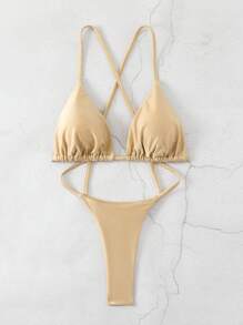 Swim SXY Đồ bơi một mảnh màu trơn cho nữ với phần lưng hở lớn, dây đeo chéo và thiết kế khoét rỗng cho kỳ nghỉ - Màu be - Xem 4