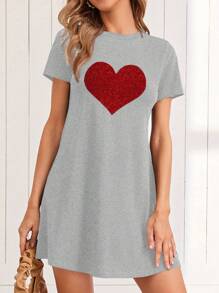 SHEIN LUNE Vestido de verano informal para mujer con patrón de corazones, mangas cortas y ajustado al Body - Gris - Ver 1