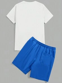 Manfinity VCAY 男士卡通字母印花短袖T恤和短裤两件套 - 藍色 - 查看 2