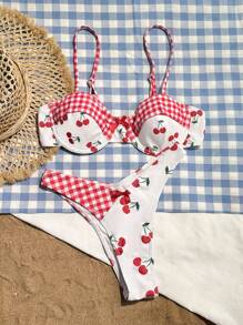 Swim Mod 女士甜美樱桃图案拼布比基尼套装，适合海滩、野餐、度假夏季 - 紅白色 - 查看 4