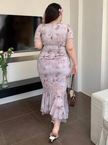 Dazy Plus Đầm ôm sát tay ngắn dáng đuôi cá in hoa cổ tròn cỡ lớn, đầm dự tiệc cưới, đầm maxi lễ Phục sinh. - Màu tím - Xem 2