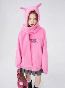 ELFSACK Pink Warm Hooded For Women 2024 Fit In Spring Loose Sweet Style Embroidered Top