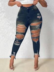 SHEIN SXY 大尺碼女士帶口袋和破洞設計的修身牛仔褲 - 藍色 - 查看 1