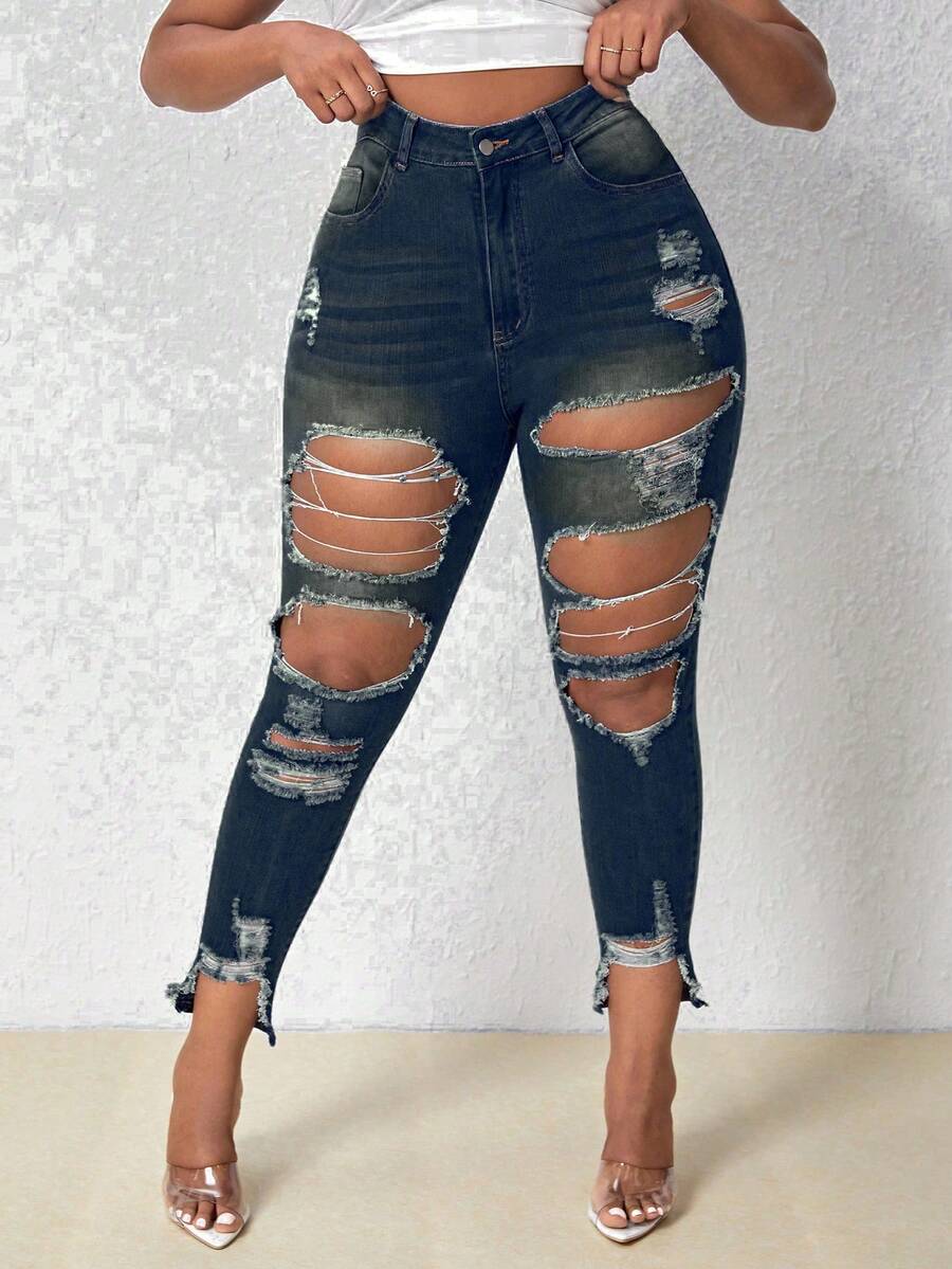 SHEIN SXY 大尺碼女士帶口袋和破洞設計的修身牛仔褲 - 藍色 - 查看 1