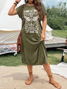 Breezaya 大码女式夏季休闲短袖 T 恤连衣裙，带字母翅膀印花和圆领长款女装 - 綠色 - 查看 3