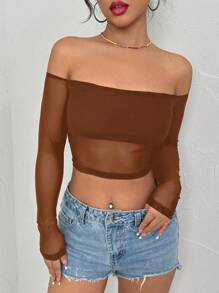 SHEIN Unity Women Spring & Summer Fashionable Mesh Splicing Off Shoulder Tight Cropped Long Sleeve Top - Brown - View 3