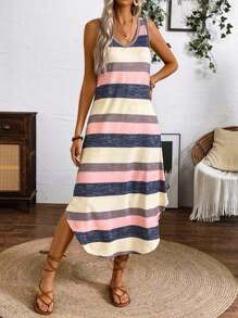 SHEIN LUNE Spring/Summer Casual Color-Block Striped Sleeveless Dress With Curved Hem Maxi Women Outfit