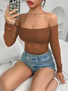 SHEIN Unity Women Spring & Summer Fashionable Mesh Splicing Off Shoulder Tight Cropped Long Sleeve Top - Brown - View 5