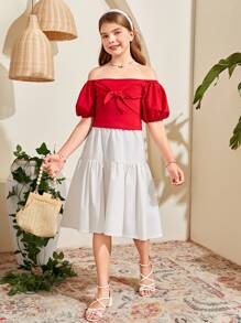Tween Girl Short Knit Top With Plain And Off-Shoulder Design For Spring/Summer Vacation And Leisure - Red - View 5
