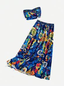 SHEIN VCAY Summer Vintage Printed Strapless Top And Skirt Set For Vacation
