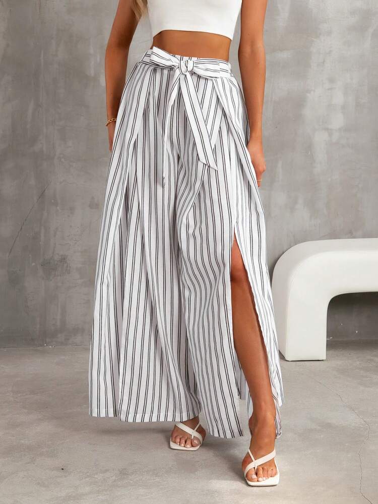 Summer Casual Women Plaid High Slit Long Pants