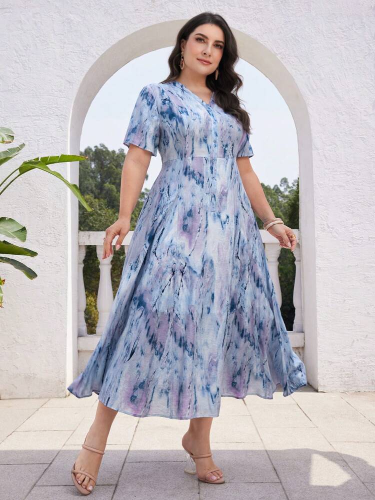 Plus Size Women Summer Tie Dye V-Neck Short Sleeve Elegant Dress