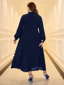 Modelyn Plus Size Nữ Xuân/Hè In hình học Váy dài tay cổ chữ V sang trọng - Màu xanh hải quân - Xem 2