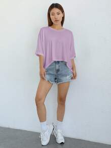 SHEIN EZwear Knitted Women's Casual T-Shirt With Asymmetrical Hem, Solid Color, Round Neck And Batwing Sleeve - Lilac Purple - View 3