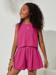 SHEIN Conjunto de top y shorts sin mangas tejidos de color sólido para niña adolescente para uso diario en primavera y verano