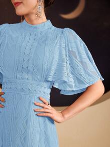 Modelyn Đầm ren thanh lịch mùa hè nữ cổ đứng tay ngắn xếp nếp viền váy - Màu xanh lam - Xem 8