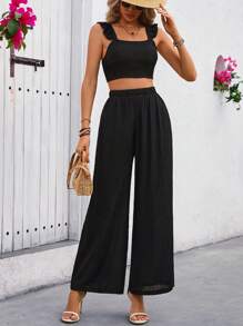 SHEIN Clasi 黑色宽松盖袖方领上衣配阔腿裤两件套夏季 - 黑色 - 查看 1