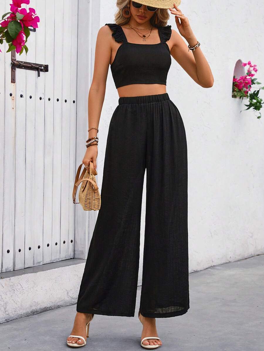 SHEIN Clasi 黑色宽松盖袖方领上衣配阔腿裤两件套夏季 - 黑色 - 查看 1