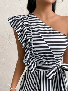 SHEIN Privé Váy chữ A kẻ sọc đen trắng có viền xếp nếp và thắt lưng, thanh lịch cho kỳ nghỉ - Đen và trắng - Xem 6