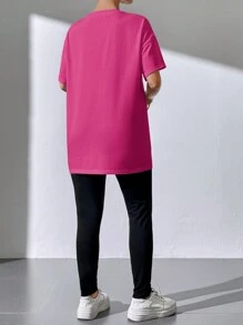 SHEIN Essnce Women Summer Letter Graphic Split Hem T-Shirt & Pants Two Pieces Outfit - Hot Pink - View 4