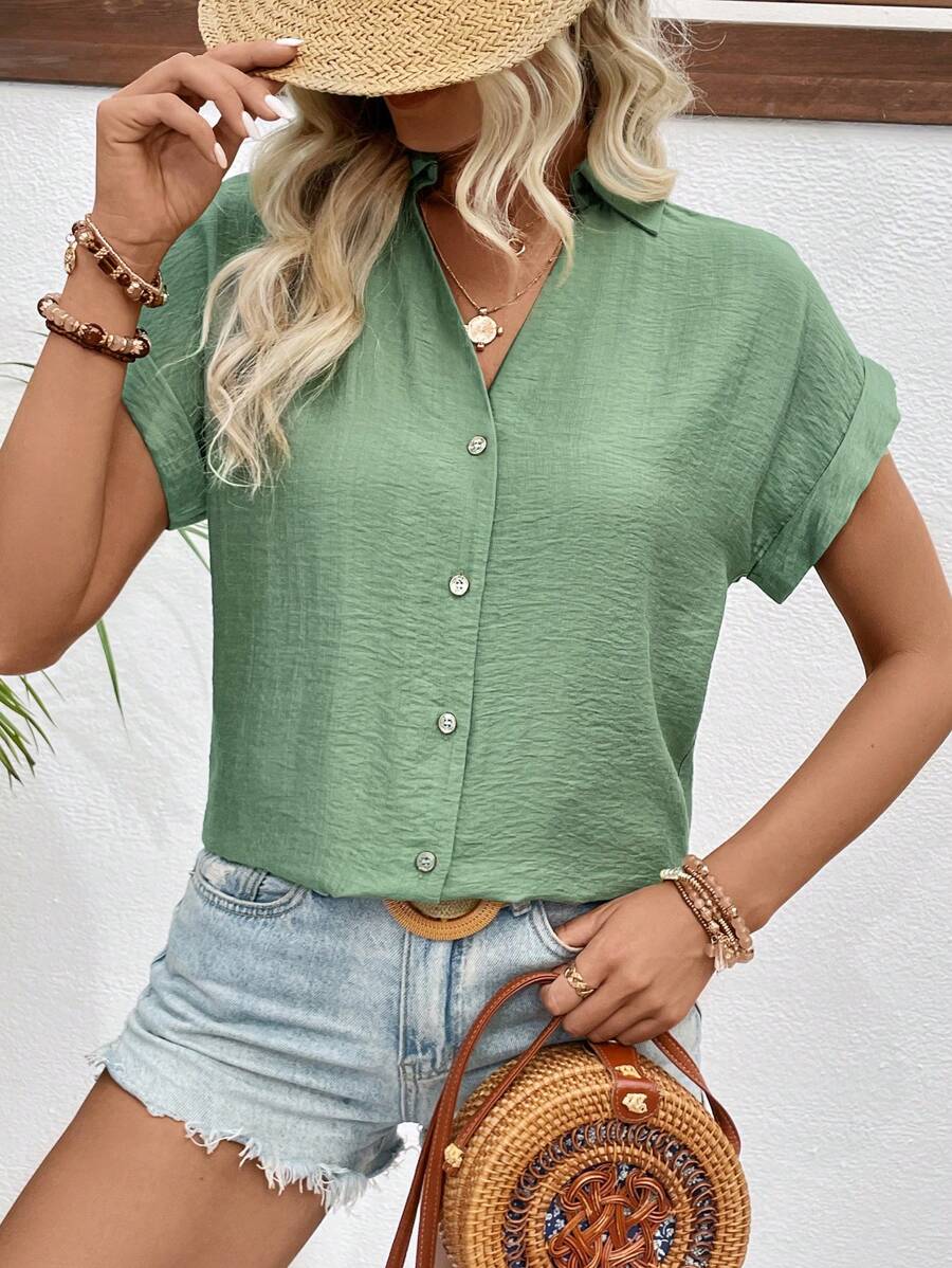 EMERY ROSE Women Summer Casual Solid Color Notched Collar Batwing Sleeve Shirt