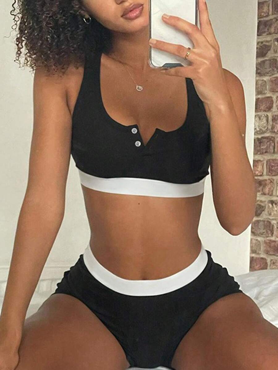 INAWLY Bộ đồ hai mảnh phối màu thường ngày cho nữ mùa hè và quần short Slim Fit - màu đen - Xem 1