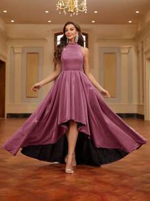 SHEIN Belle Women'S Sparkly Evening Dress With Large Hem, Short Front And Long Back, And Small Stand Collar Ball Gowns Woman Formal