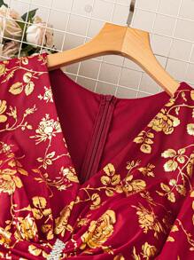Modelyn Burgundy Red Plus Size Elegant Dress With Floral Print, Pleats And Ruffles - Burgundy - View 3