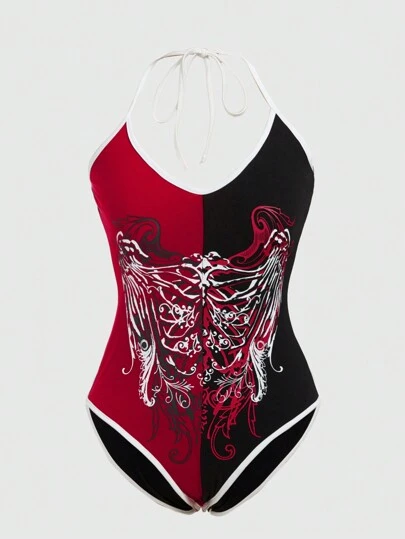 Paola Cardenas e Oliveira Summer Heart & Skeleton Print Color Block Design Tight Halterneck Bodysuit