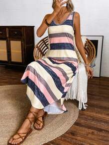 SHEIN LUNE Spring/Summer Casual Color-Block Striped Sleeveless Dress With Curved Hem Maxi Women Outfit